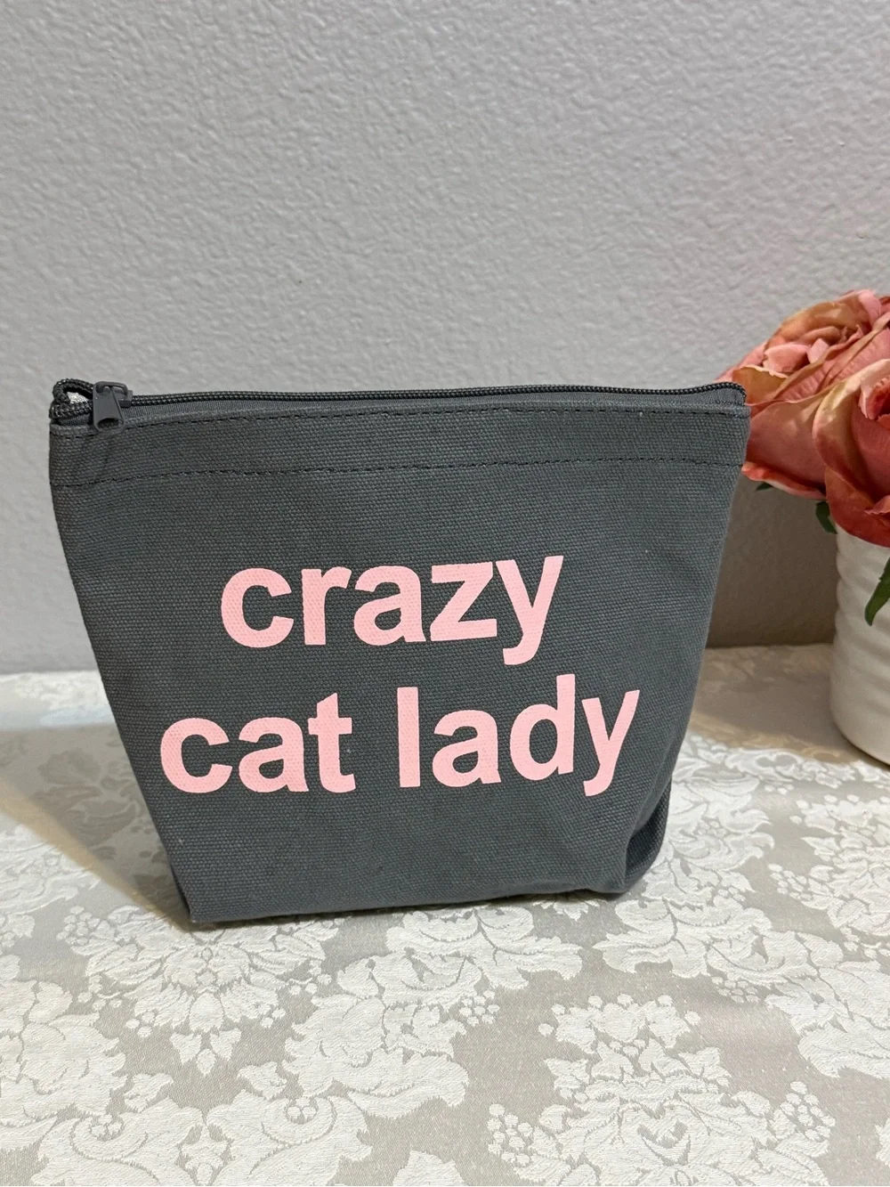Crazy Cat Lady Makeup Cosmetic Grey Pink Zipper Bag New